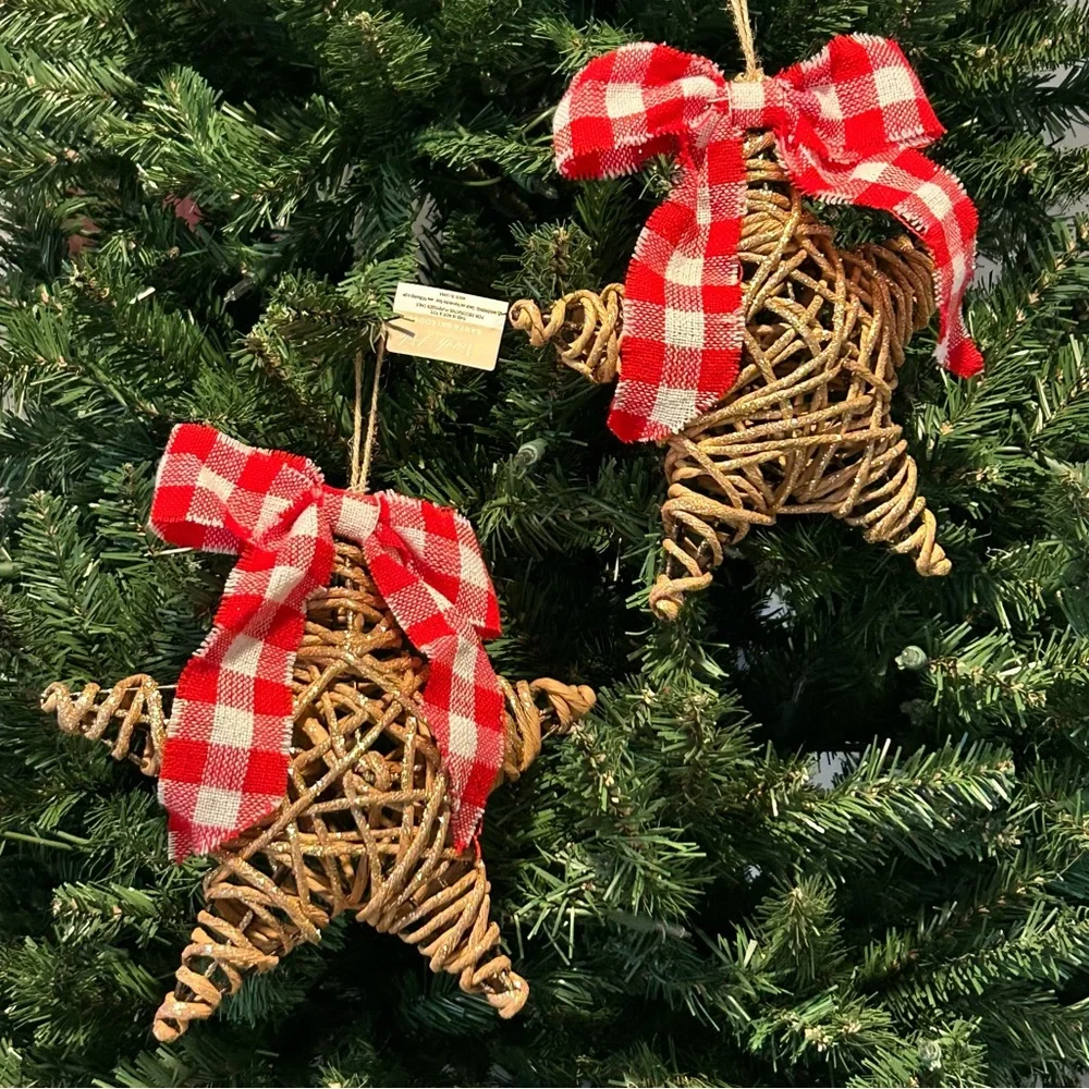 Six Large North Pole Metal & Wicker Star Ornaments Checker Bows 8.5” x 8.5” NWT